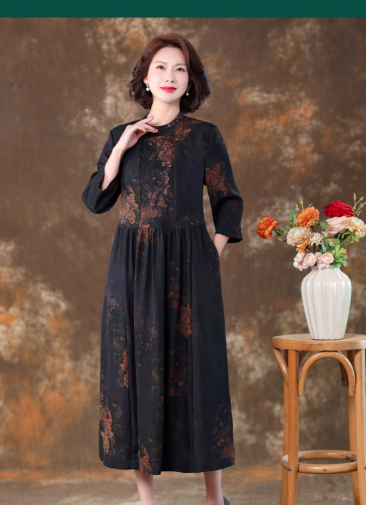 齐黛提花香云纱女装专柜连衣裙2022新中式七分袖中长款牡丹芳菲蓝3xl