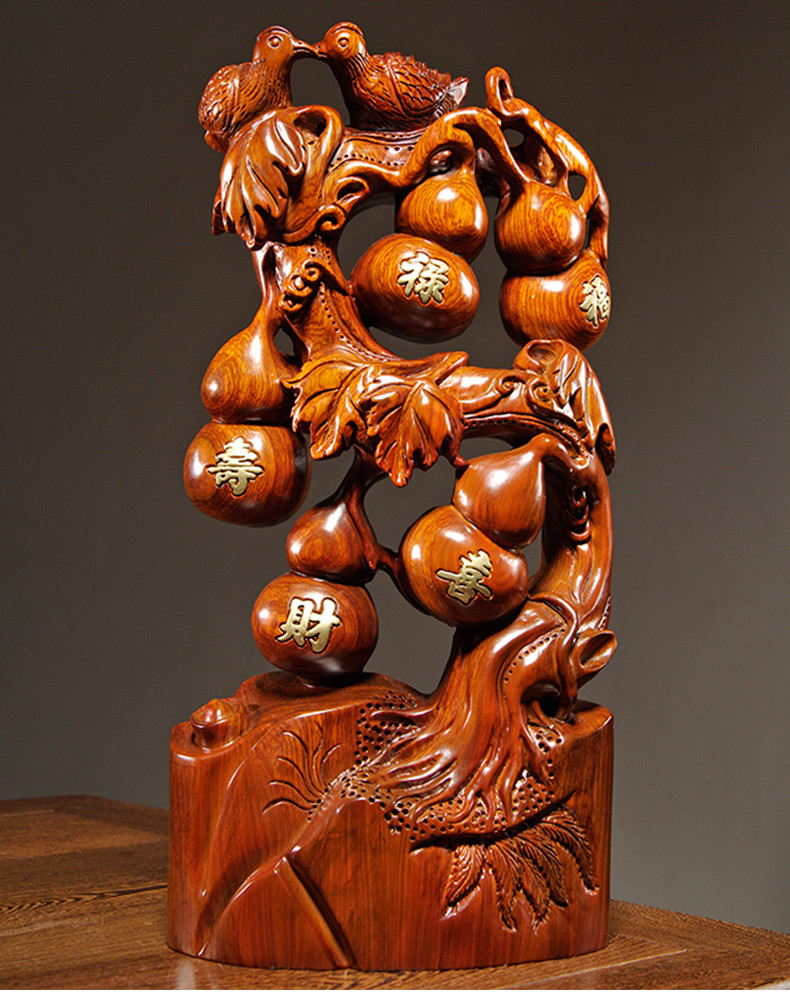 黛安缇花梨木雕刻福禄寿喜财葫芦五福临门摆家居客厅玄关装饰红木工艺