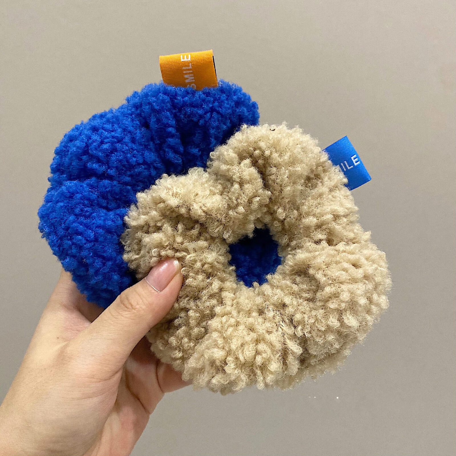 大肠发圈毛茸茸韩国秋冬蓝色羊羔毛绒大肠圈发圈复古网红发绳头饰 咖