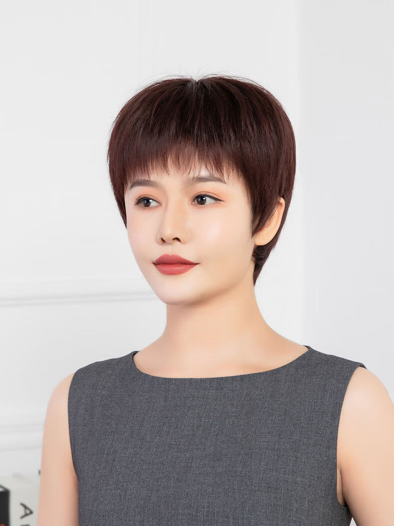 wnfd 夏天轻薄假发女短直发中老年妈妈全头套自然真发混丝女士整顶