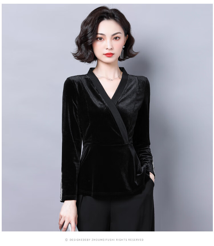微微蒙女装黑色v领秋款金丝绒上衣女士修身收腰长袖欧货时尚t恤女 3xl
