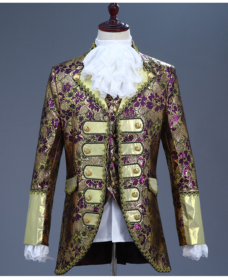宫廷话剧演出服欧洲男士礼服白马王子舞台复古欧式表演服装成人款金镶