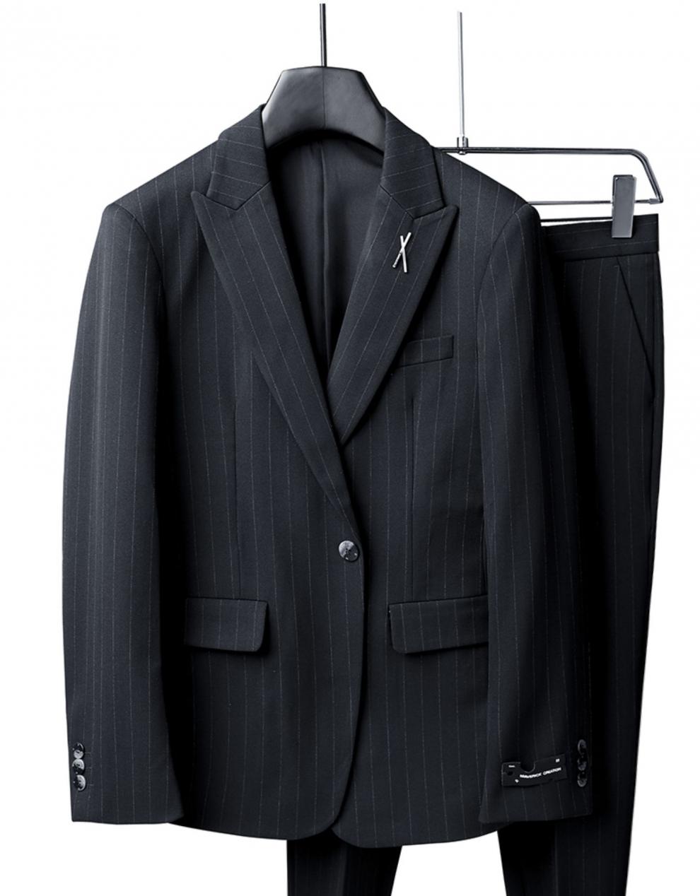 轻奢2021秋季新款条纹休闲西服套装男修身结婚礼服商务正装西装两件套