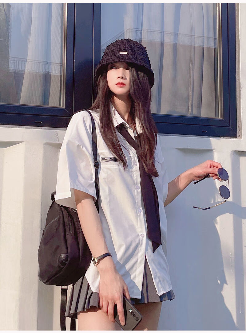 短袖衬衫女2022年夏季新款女装中长衬衣宽松甜酷个性时尚潮流斩男白色