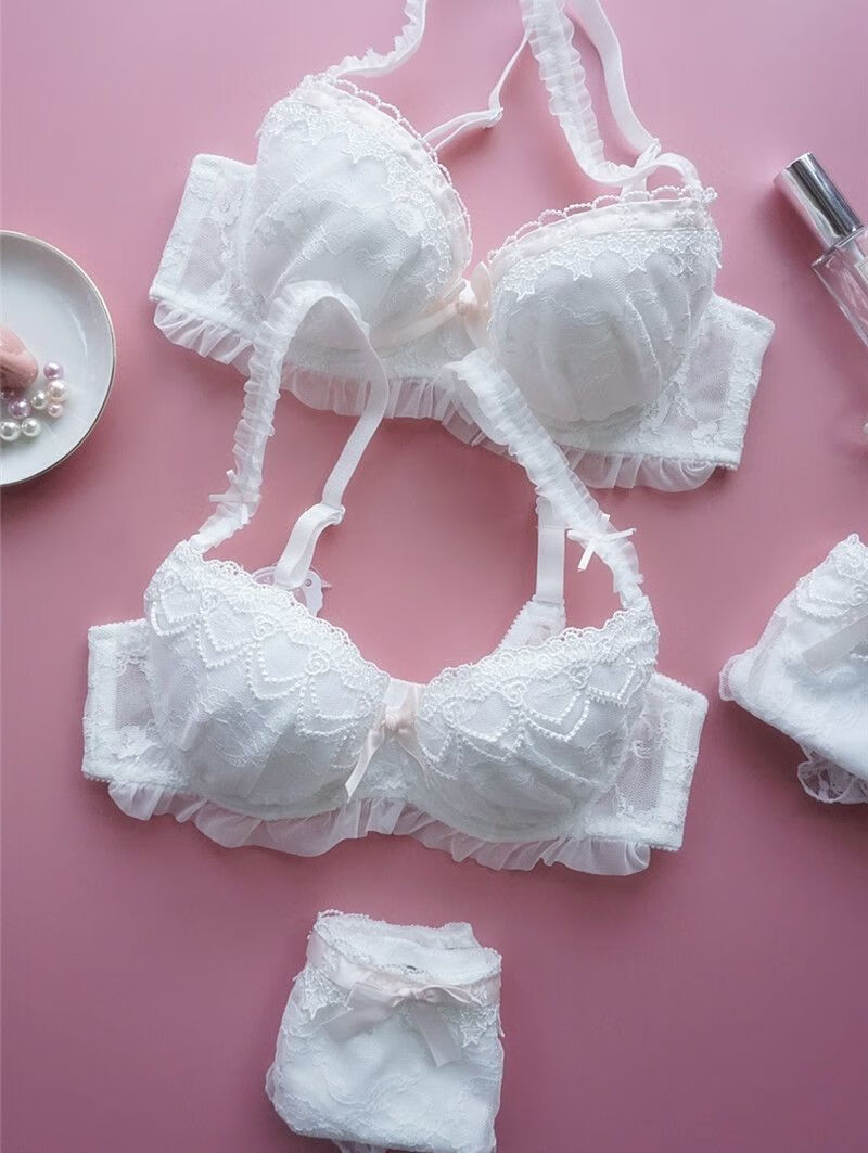 文胸日系仙美少女可爱白纱文胸套装 全蕾丝薄杯侧收大码女士内衣套装