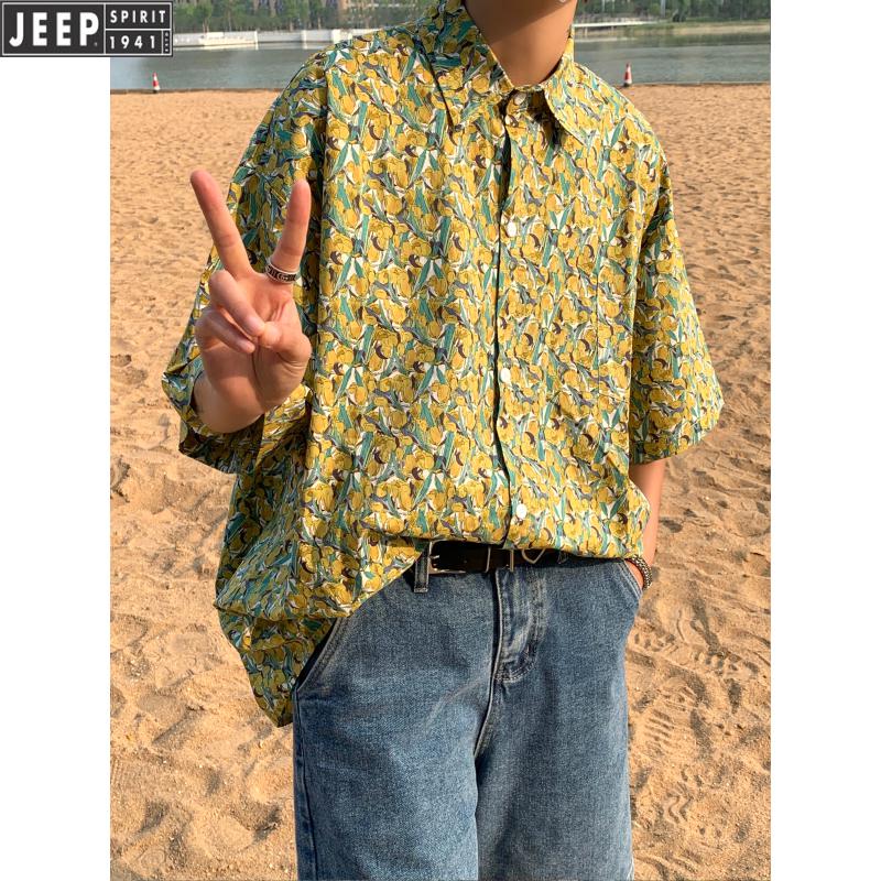 吉普高档品牌男装复古90年代港风碎花衬衫男夏威夷风泰式花衬衣男短袖