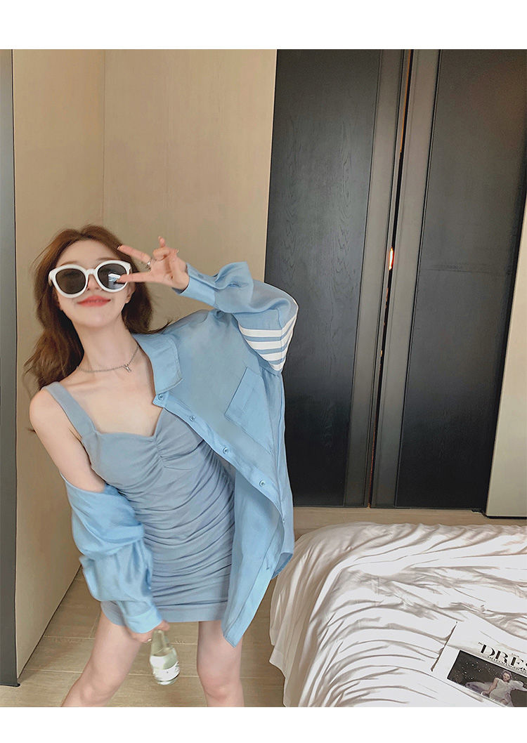 款2022粉色衬衫女夏季宽松外穿薄款长袖衬衣外套纯欲风吊带白色衬衫xl