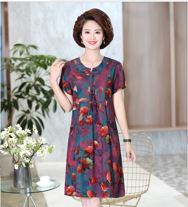 母亲衣服50岁妈妈夏装大妈棉绸连衣裙中长款40-50中老年人女装绵绸