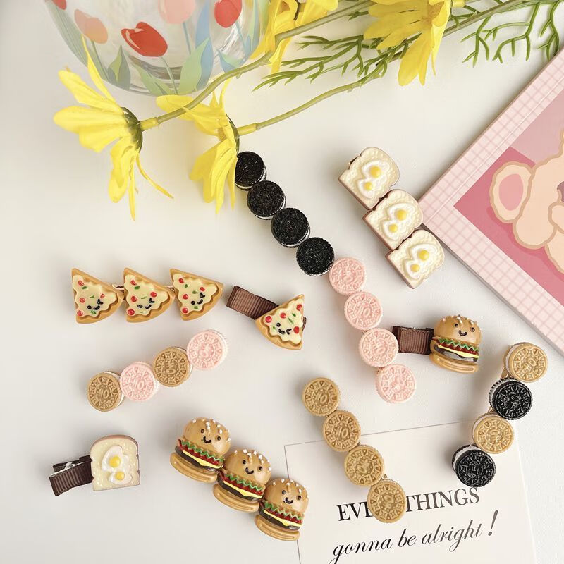 飞鹅ins新款仿真汉堡披萨面包夹心饼干发夹边夹少女卡子头饰简约顶夹