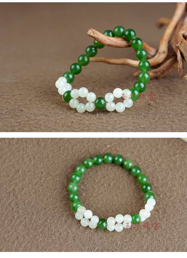 ck缅甸翡翠a货碧玉手串8m女款玉石单圈花形白玉配珠手链珠串七夕情人