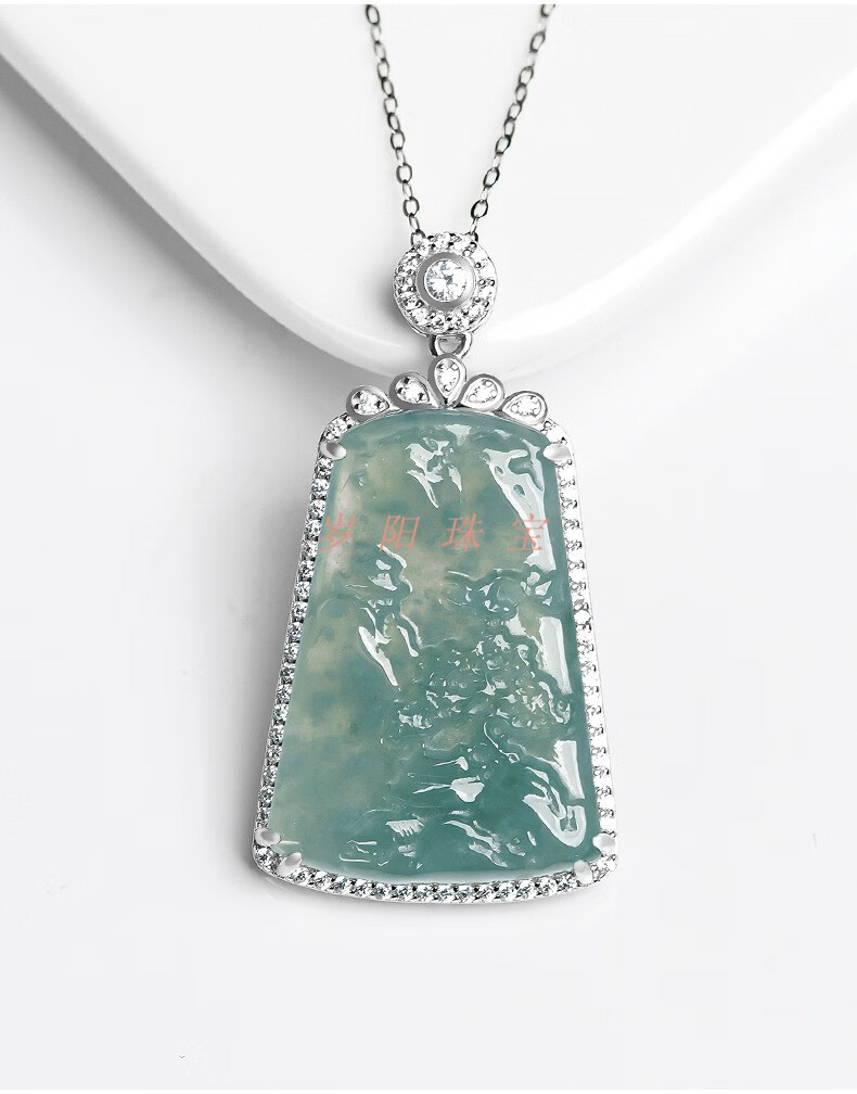 520礼物送老婆s925银镶天然翡翠a货翡翠蓝水山水牌玉石吊坠时尚简约女