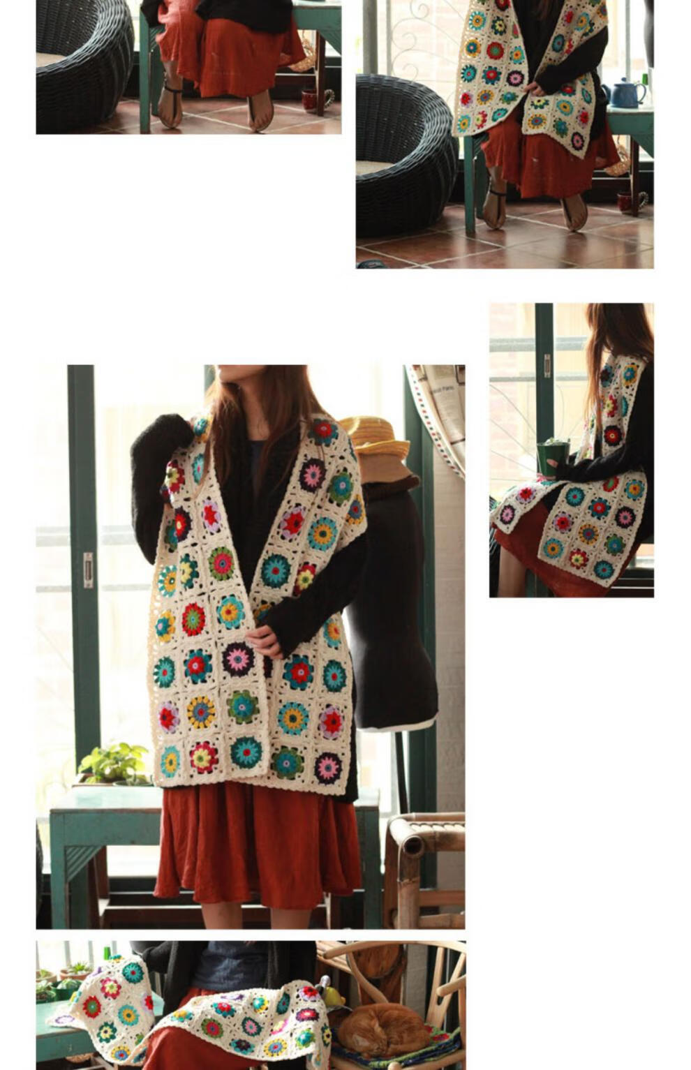 手工钩花毯子 森女纯钩织毯毛线钩花拼色撞色立体花朵毯子 沙发靠背巾