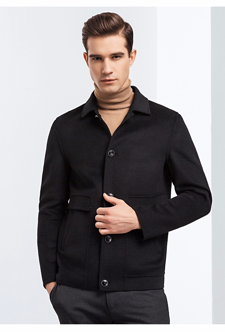 on)男士毛呢大衣中青年休闲羊毛双面呢外套冬季翻领短款呢子大衣 黑色