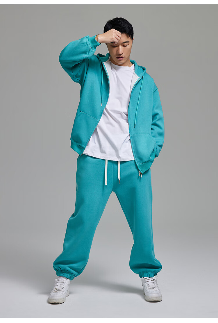 omg潮牌纯色秋冬连帽拉链运动卫衣运动套装男士休闲开衫夹克外套黑色