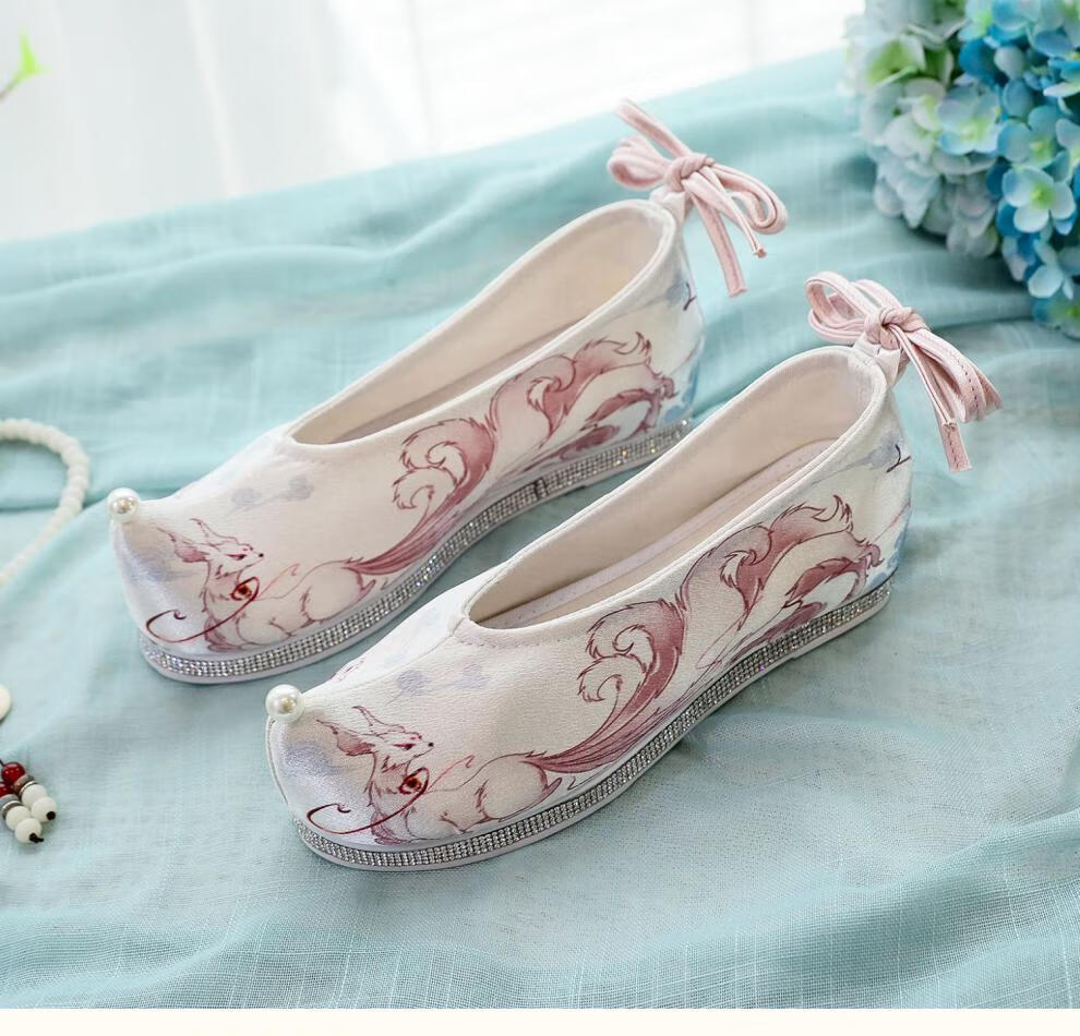 鞋子女古装鞋内增高古风布鞋学生明制古代翘头鞋九尾狐2钻底流苏蓝色