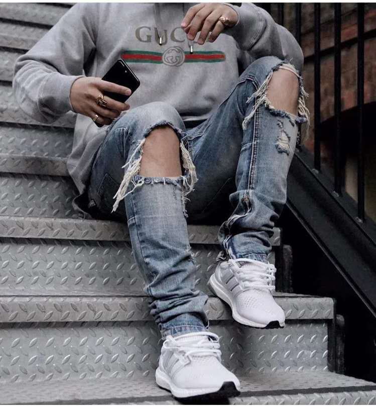 金华市高街kanye侃爷膝盖破洞侧拉链弹力修身牛仔裤小脚裤长裤fog第六