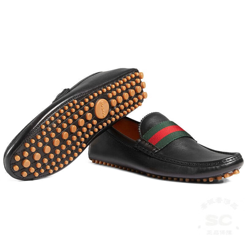 【品质保证】gucci 古驰男鞋红绿条纹豆豆休闲皮鞋 黑色 40【图片