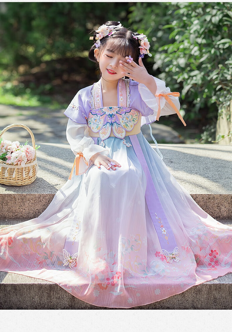 仙连衣裙春秋中国风古装夏季改良古风襦裙儿童古装裙子桃鸳紫色110