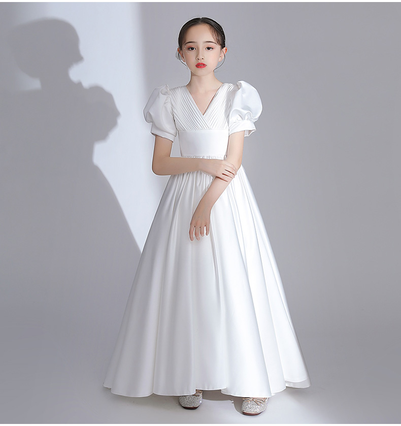 钢琴演出服女中学生少女高端晚礼服童洋气主持人走秀小孩花童白色钢琴