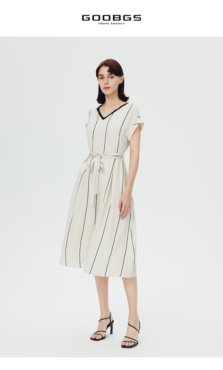 goobgs gb谷邦连衣裙小众设计2022春夏新款条纹v领通勤女装短袖裙子
