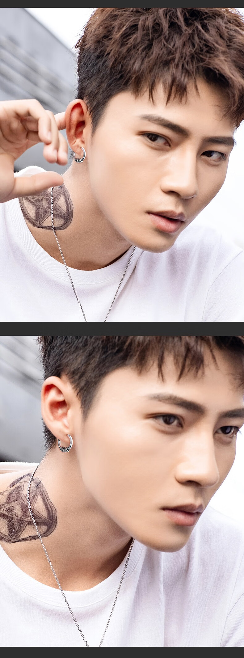 银色男士霸气单只潮人嘻哈无耳洞潮男藏族长耳钉个性简约图腾款耳扣款