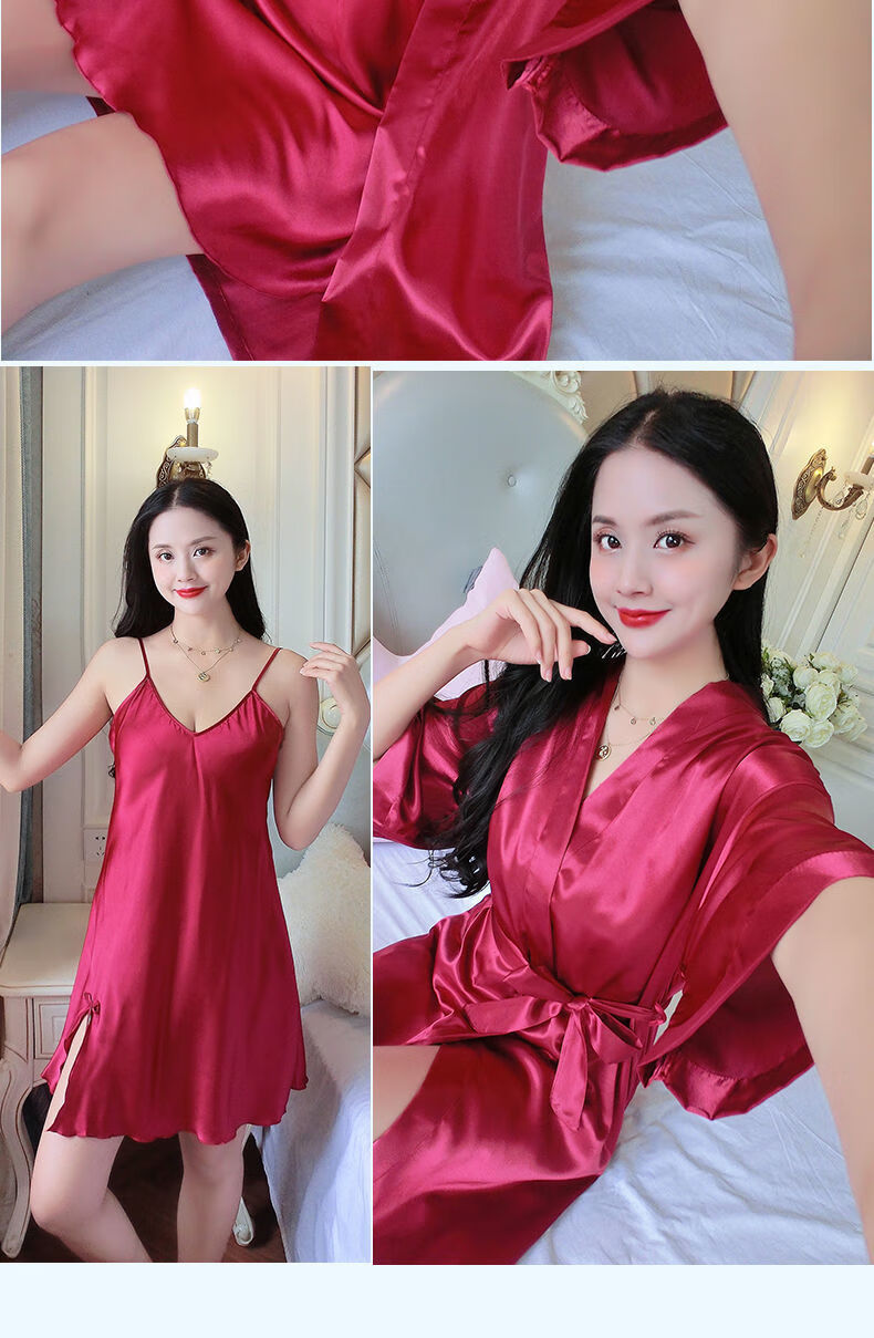 薄款性感冰丝宽松连衣裙丝绸睡衣春秋款家居服大红色v款l号推荐125斤