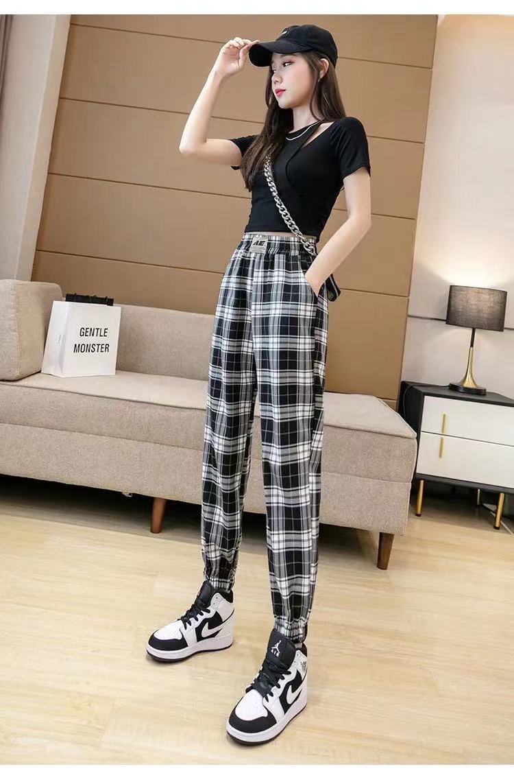 网红薄款黑白格子哈伦裤女夏季韩版宽松显瘦学生哈伦九分休闲裤子大