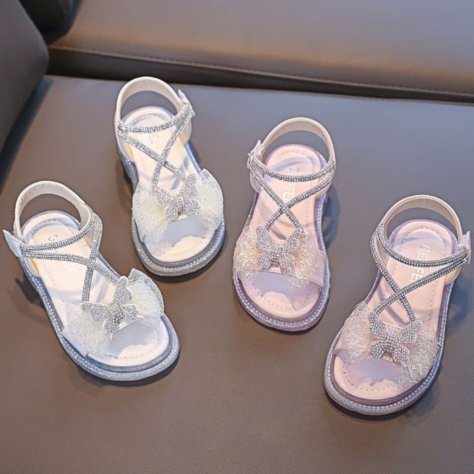 儿童凉鞋女童公主鞋新款防滑透明低中大童凉鞋夏季蝴蝶结凉鞋白色24码