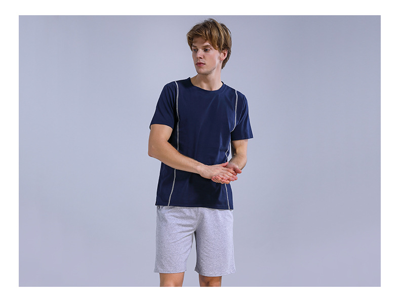 睡衣男生夏季薄纯棉男士大码短袖可外穿圆领纯色针织