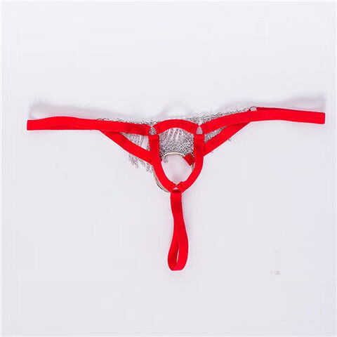 男士丁字裤一根带子性感透明囊袋枪弹分离铁环流苏蕾丝生理内裤男红色