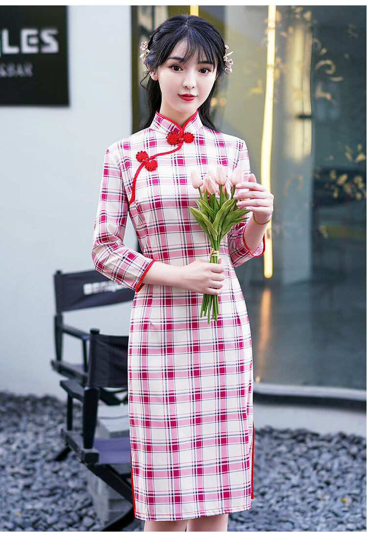 亲肤高品质旗袍女2021新款春秋季中袖少女旗袍格子复古中国风年轻款