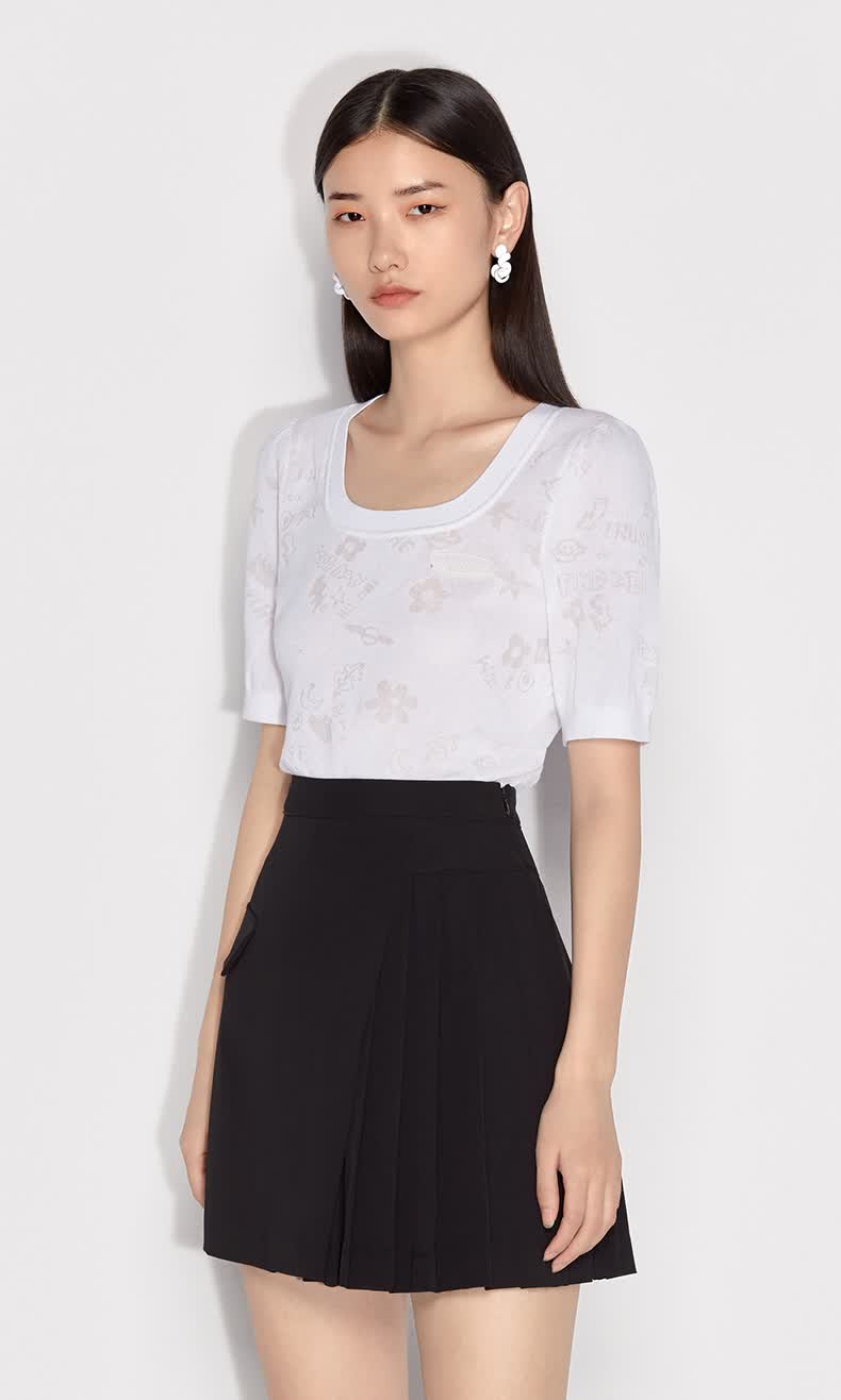 ochirly欧时力2022新款春装u领嵌纹胶章短袖针织衫女黄色410l