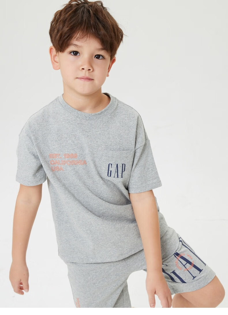 gap男童logo纯棉宽松短袖t恤837152春季2022新款童装打底衫上衣蓝色
