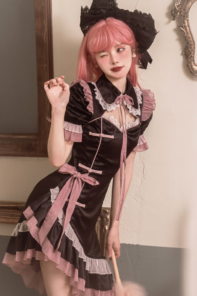 现货未知星辰十六夜蔷薇短袖少女lolita甜辣改良旗袍连衣裙夏一版xl