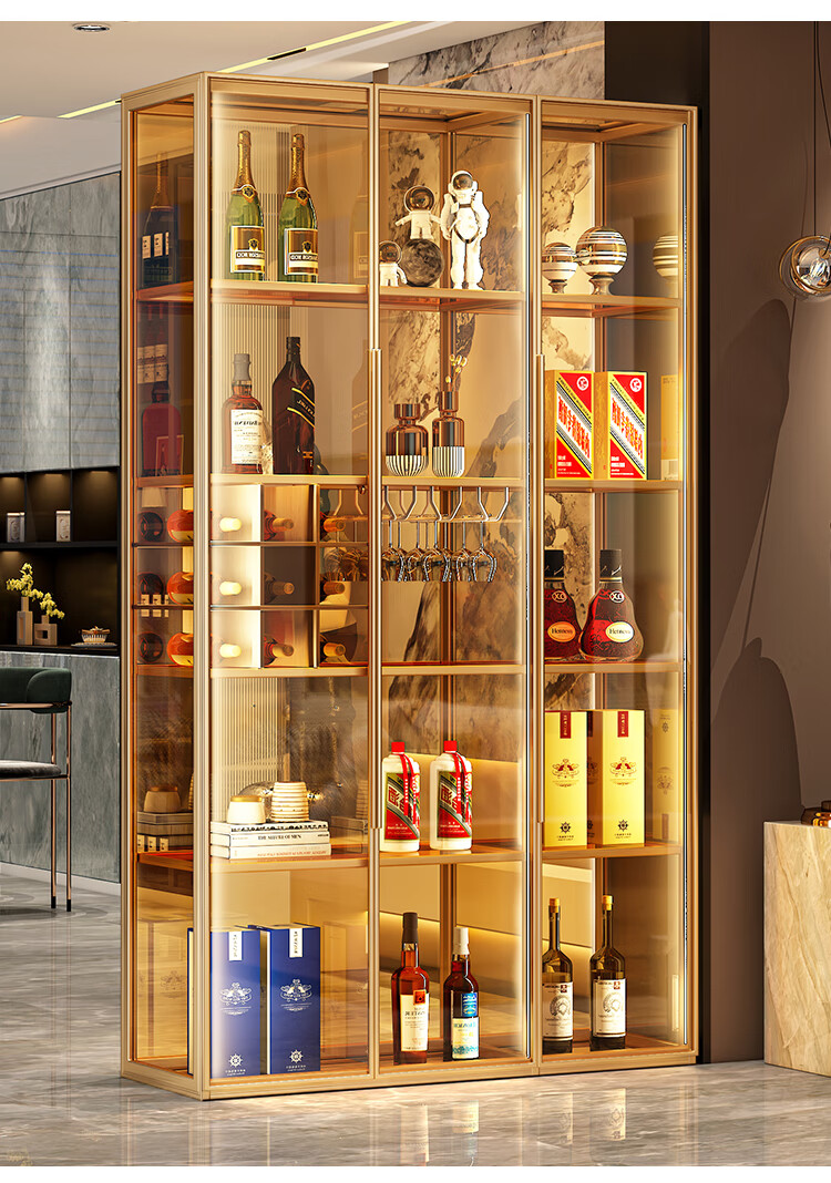 轻奢极简酒柜客厅靠墙全透明铝合金钢化玻璃门隔断 拉丝金配茶色玻璃