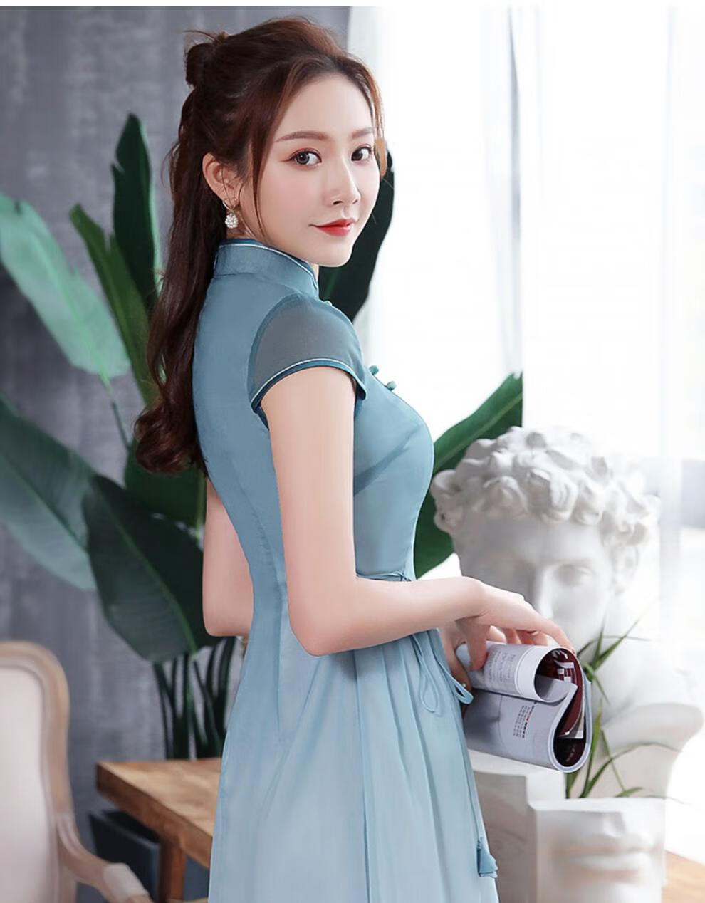 秀观唐夏梅2020春装新款改良少女雪纺古典小a摆中长款修身旗袍裙 绿色