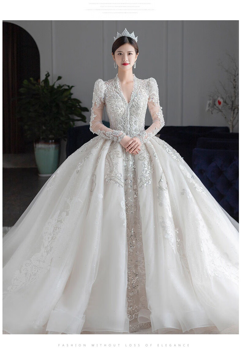 大码婚纱胖mm显瘦长袖主2021新娘风大拖尾孕妇款质感2022孕妇拖尾三