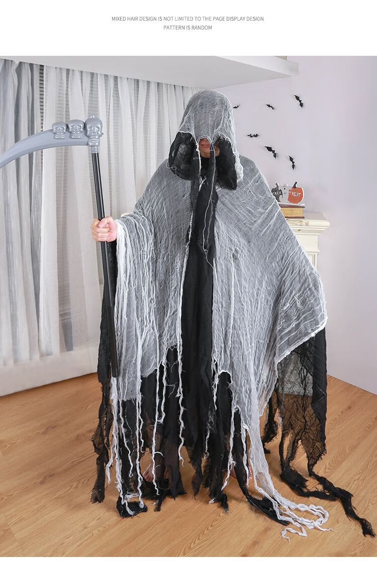 斗篷服装道具鬼屋密室巫师cos吓人鬼恐怖衣服 破布披风-黑灰纱【图片