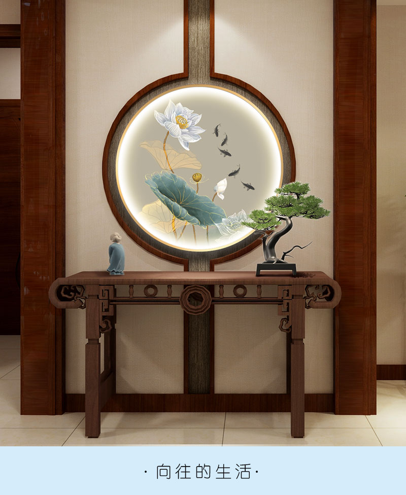 新中式玄关带灯壁画新中式荷花带灯装饰画客厅餐厅玄关壁画发光圆形