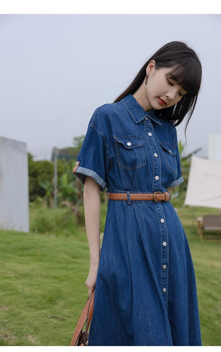 港风气质单排扣收腰牛仔连衣裙复古中长裙春夏新款长短袖裙子蓝色腰带