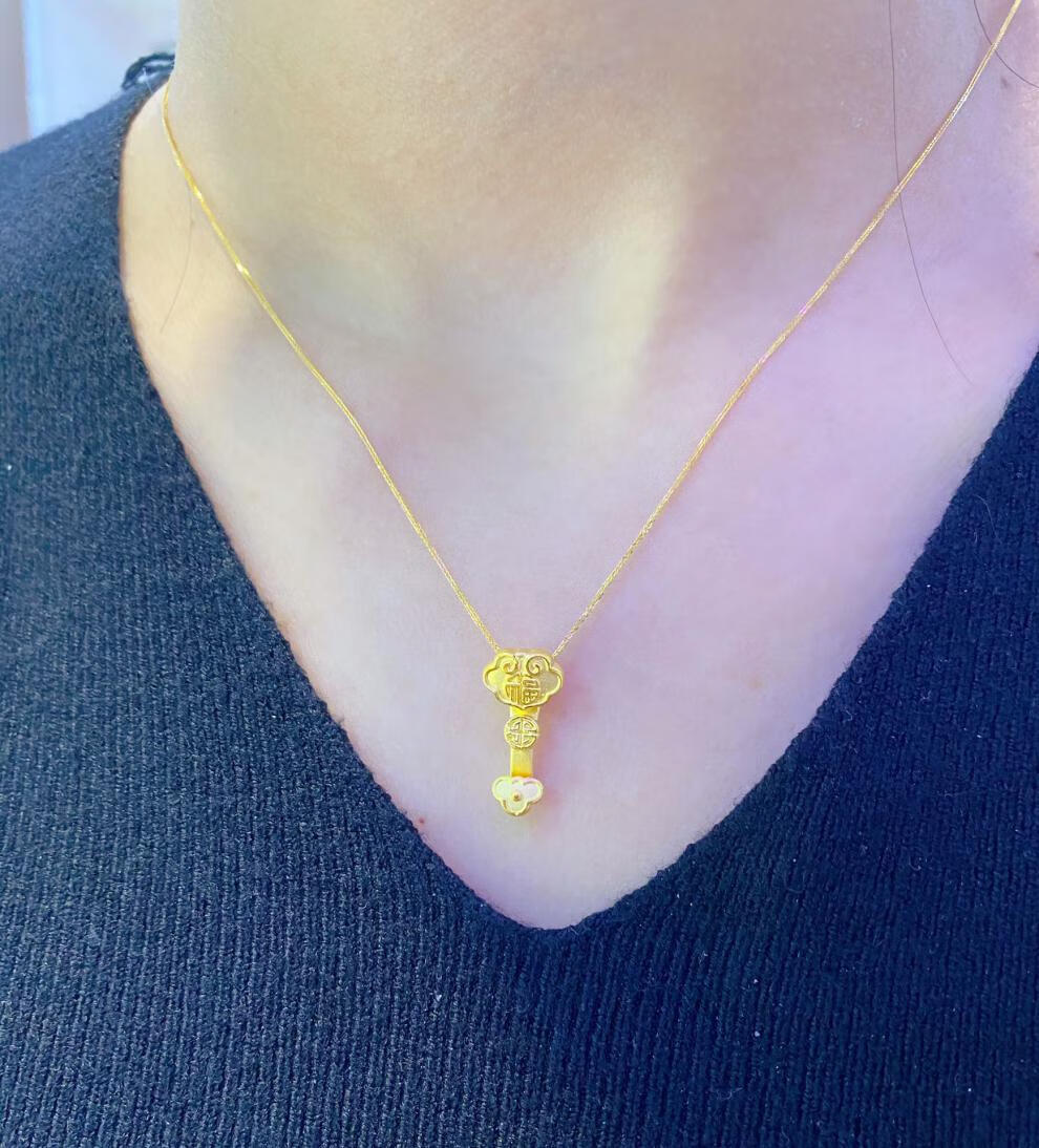 老凤凰足金999足金福牌如意黄金小吊坠3d硬金儿童套链送妈妈金项链 约