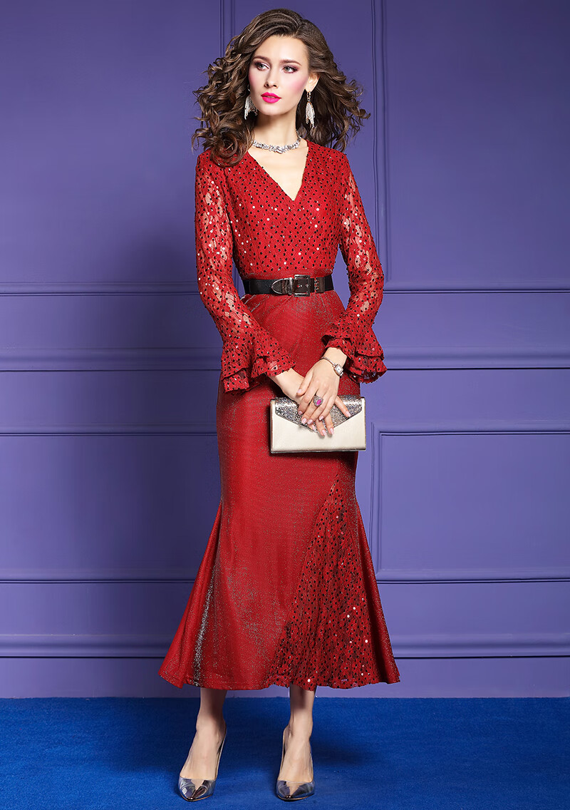 菲梦伊有女人味连衣裙秋冬款名媛气质v领喇叭袖亮片贵夫人礼服裙 黑色