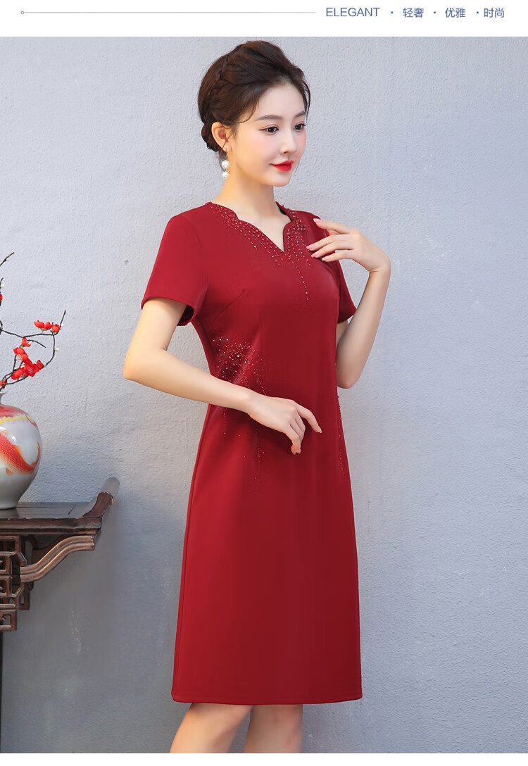 夏天高端婚礼妈妈结婚礼服年轻高贵洋气小个子夏季连衣裙6136红色xl