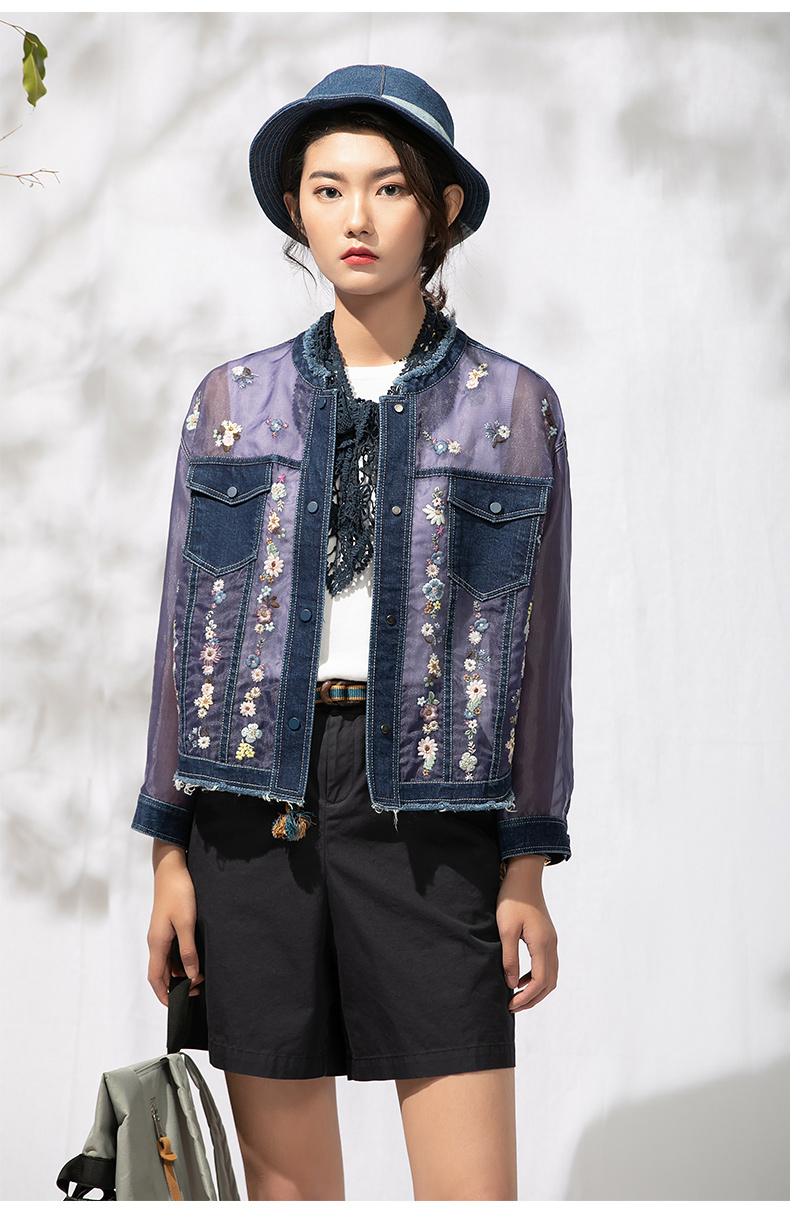 渔牌女装外套新款2022薄款牛仔绣花名媛气质休闲短夹克女牛仔蓝16584