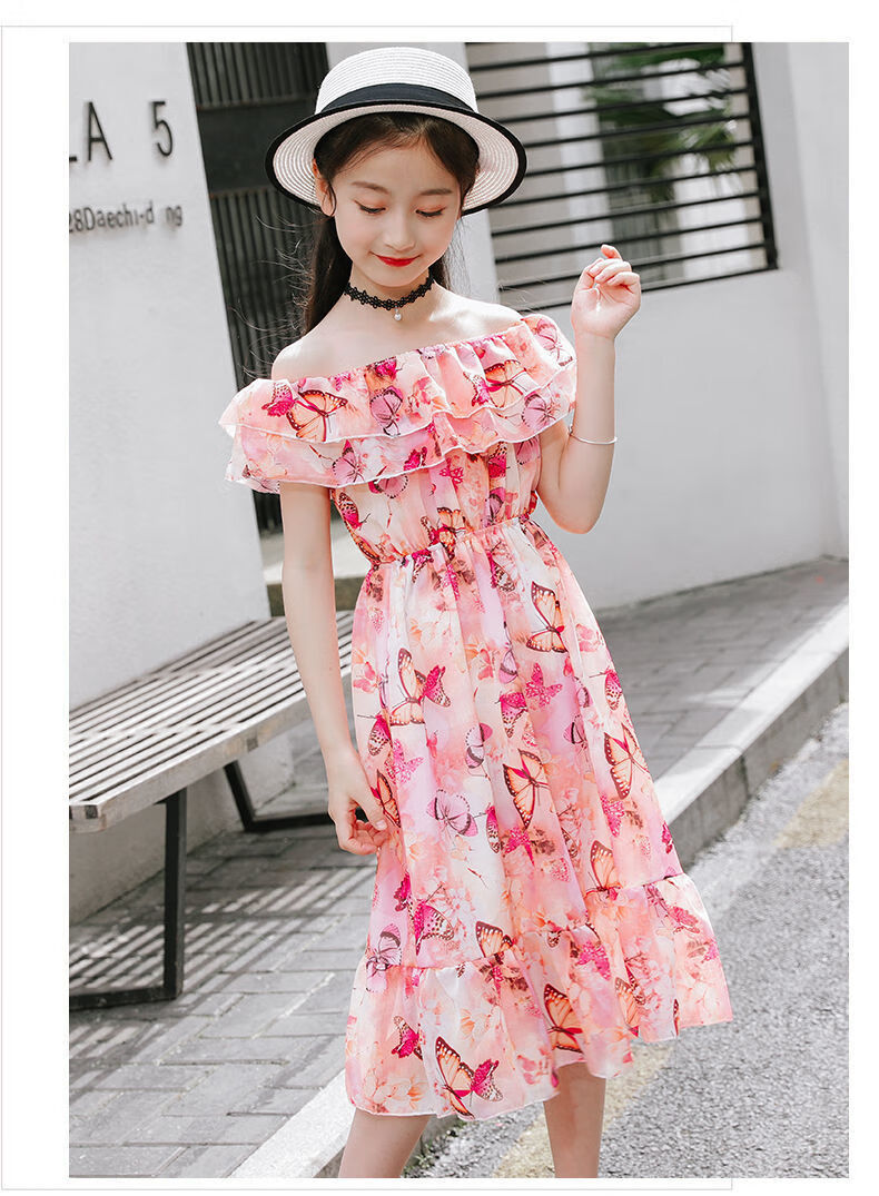 女童连衣裙新款夏装女孩公主裙中大童碎花长裙儿童夏天雪纺裙粉红色