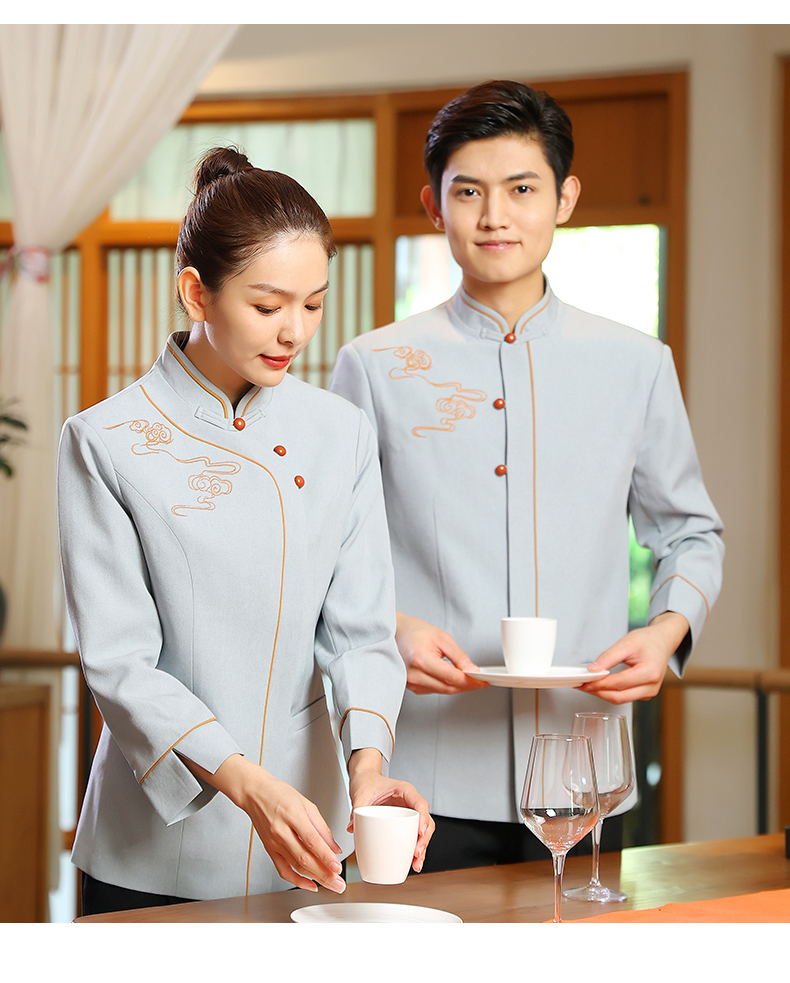bianyemu服务员工作服女装酒店饭店中式餐厅餐饮绣气质服装长灰色女款