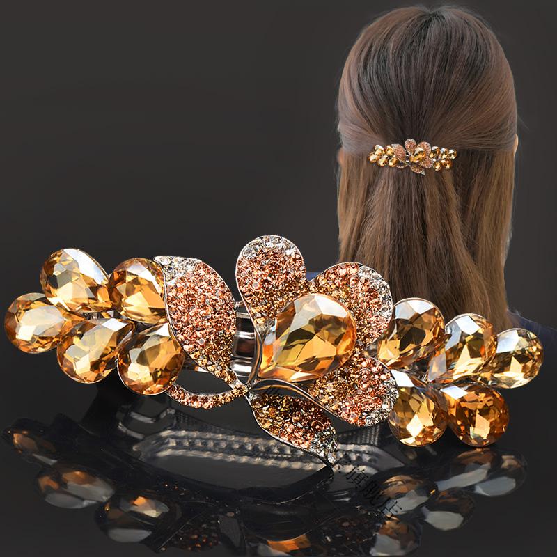 中年妈妈盘头发夹发饰韩国头饰优雅花朵女发卡顶夹头花饰品水钻弹簧夹