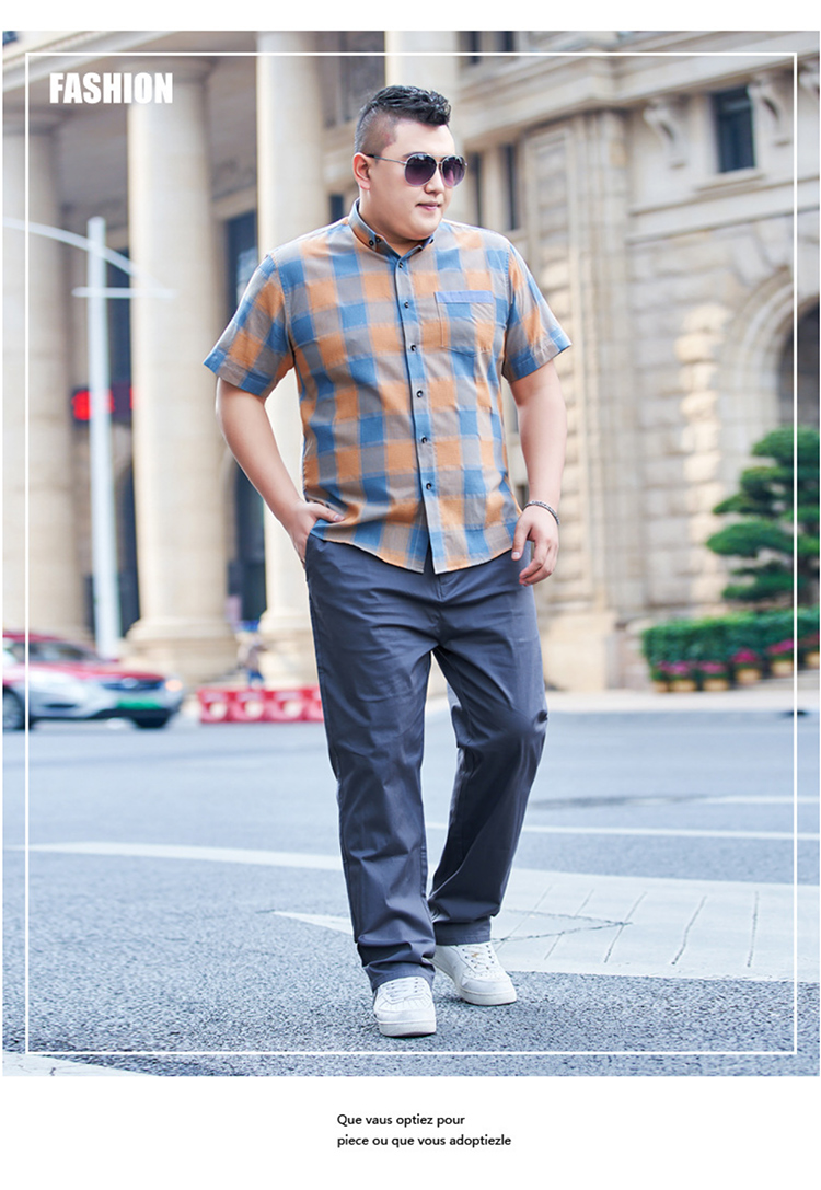 路易季加肥加大男士短袖衬衫中年胖大号夏季潮流宽松格子胖子休闲码