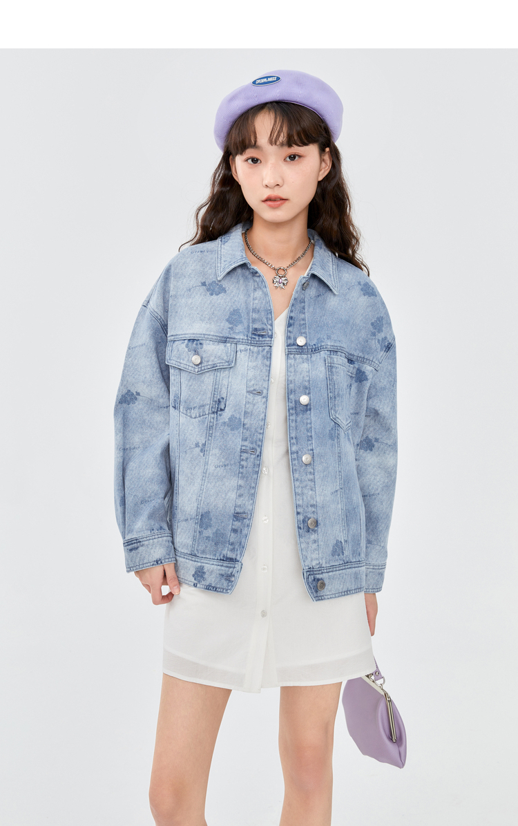 女王节新品乐町休闲牛仔外套2022春季新款满印短外套女宽松紫色现货s