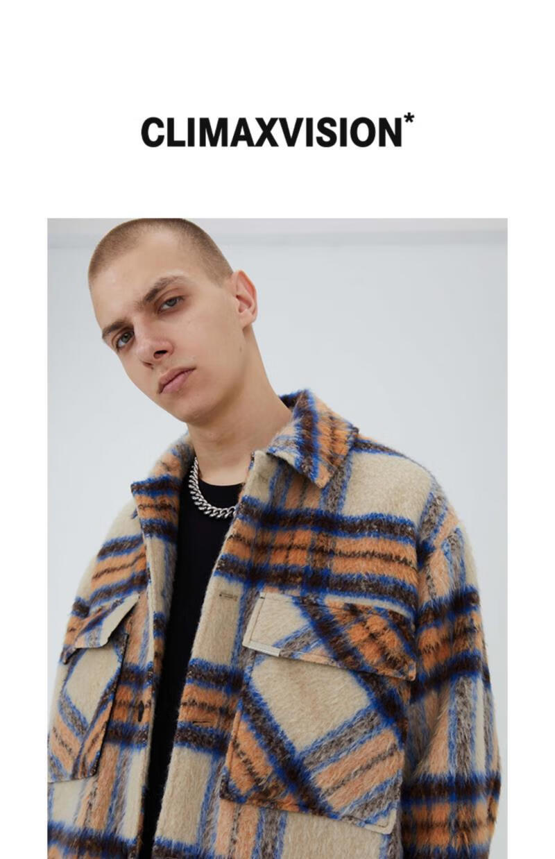 climax vision长毛格子拼接撞色复古毛呢外套休闲潮牌衬 橙米色 l